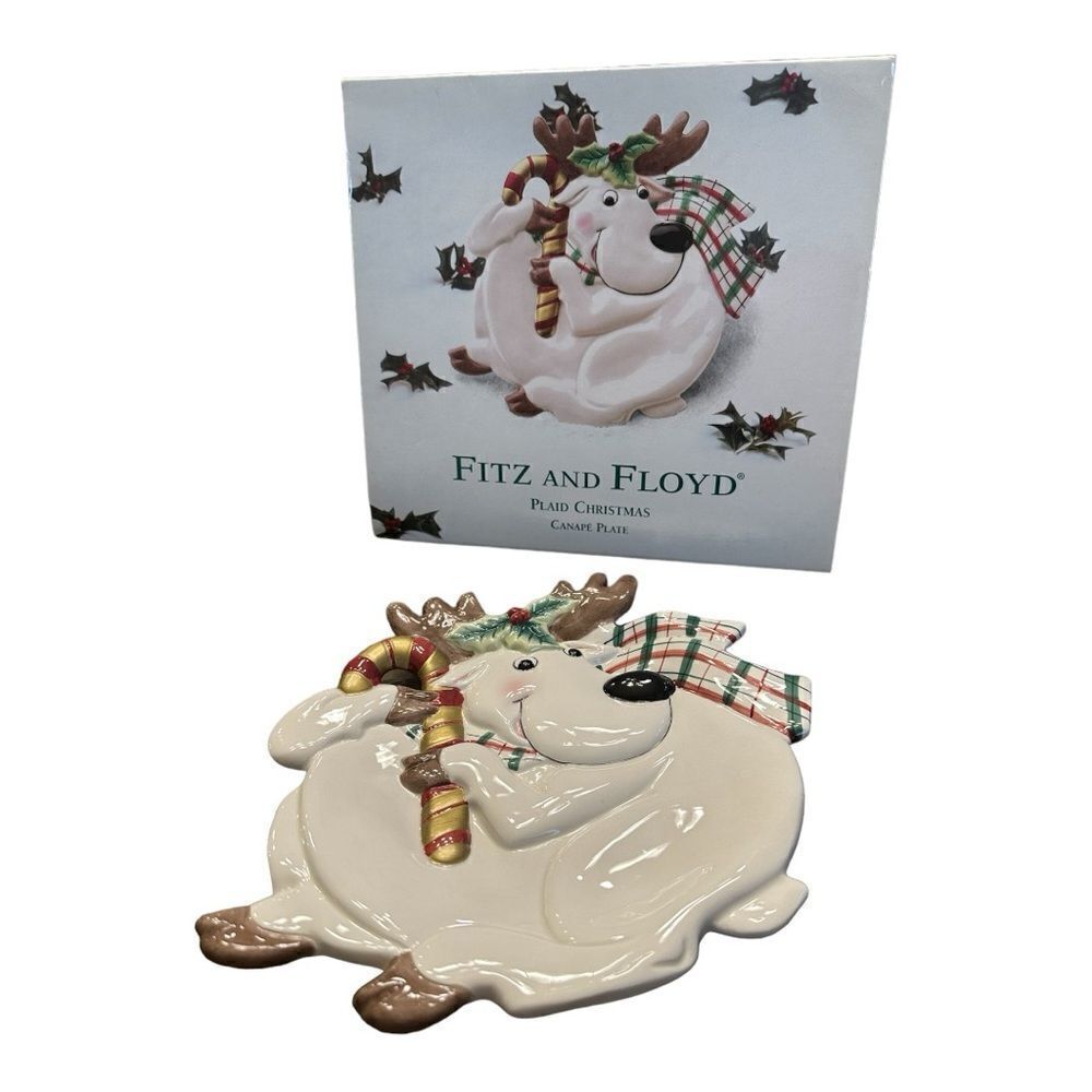 Vintage Fitz & Floyd Christmas Reindeer Canape Plate Cookies Candy Tray 10" Cute